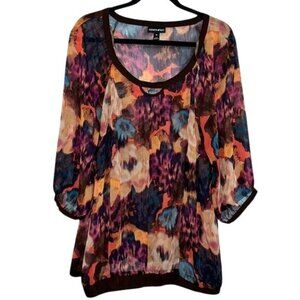 Fashion Bug Womens Multicolor Abstract Print Blouse 3/4 Sleeves Buttoned Cuffs R